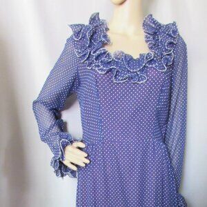 SALE Sweet Vintage Maxi Dress in Navy White Dotted Swiss Ruffled Neckline